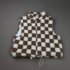 Wild Rose Los Angeles Brown White‎ Checkered Sherpa Fleece Vest Cropped Large